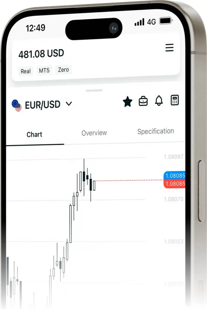 Exness 移動端應用含歐元/美元圖表